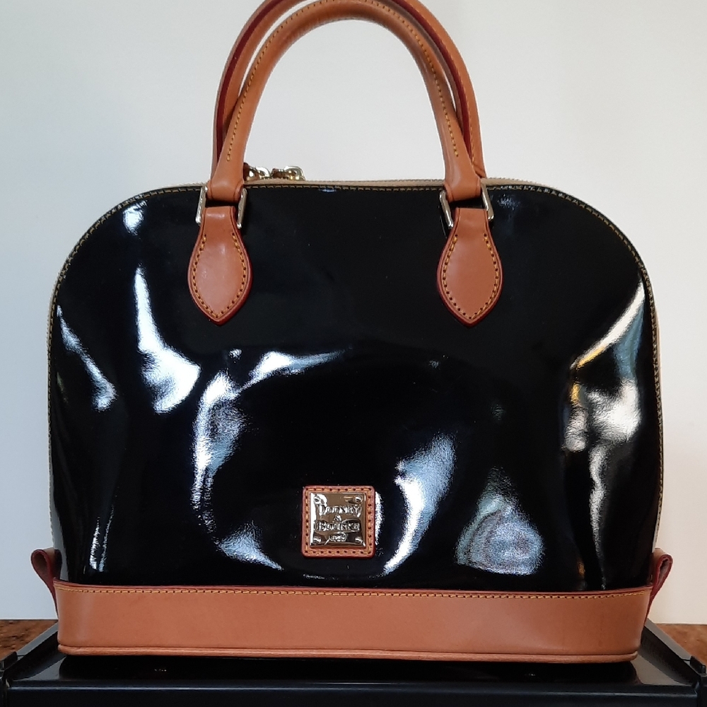 Dooney & Bourke Glossy Black and Tan Satchel